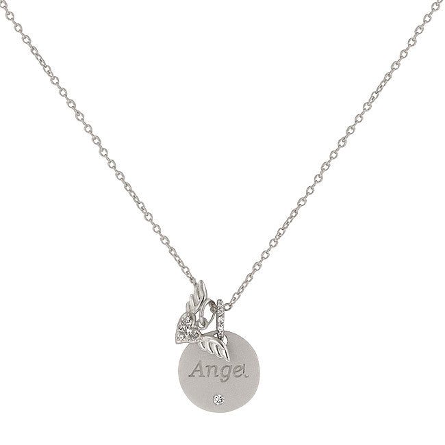 Angel Wings Necklace With Round Cut Clear Cz With Angel Script And Angel Wing Charms In Silver Tone