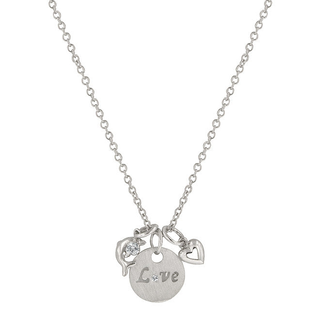 Love And Heart Necklace With Round Cut Clear Cz With Love Script And Heart Charms In Silver Tone