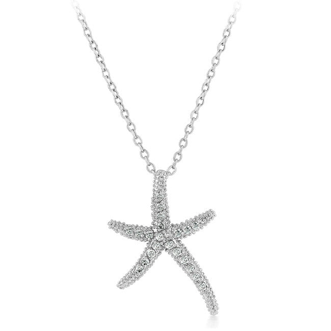 Starfish Necklace With Round Cut Clear Cz With Milligrain Accents In Silver Tone