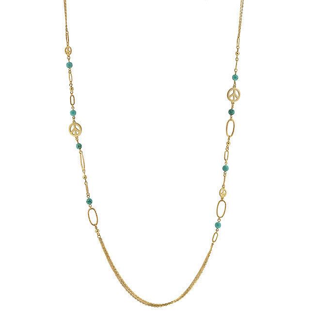 Peace And Fashion Necklace With Tourquoise Cz Linked With Gold Peace Charms In Gold Tone