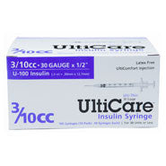 Ulticare U-100 Insulin Syringe, 3/10cc 30g X 1/2", 100/box (md-17409)
