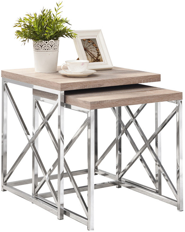 Monarch Specialties I 3205 Natural Reclaimed-look / Chrome Metal 2pcs Nesting Tables