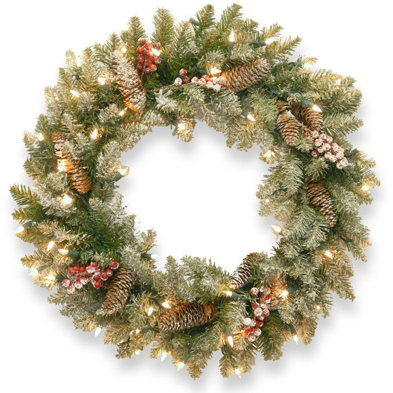 National Tree Duf-300-30w 30" Dunhill Fir Wreath With Snow, Red Berries, Cones And 50 Clear Lights