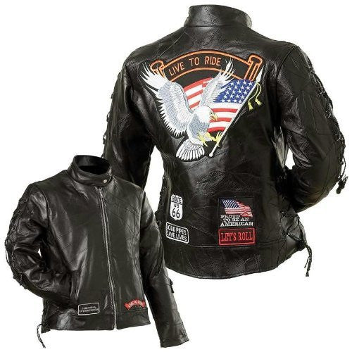 B&f System Gfladltr3x Diamond Plate Ladies Rock Design Genuine Buffalo Leather Motorcycle Jacket