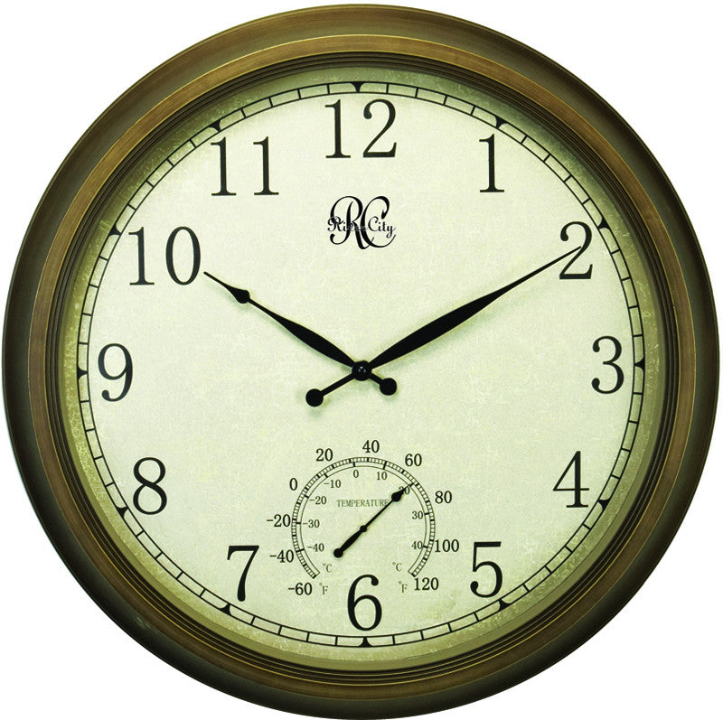 24 Inch Indoor/outdoor Clock With Brass Colored Finish, Time, & Temperature