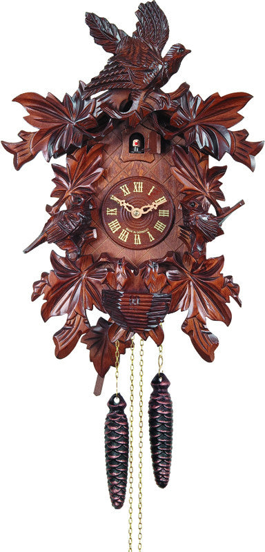 One Day Hand-carved Cuckoo Clock With Seven Maple Leaves, Three Birds, And Nest - 16 Inches Tall