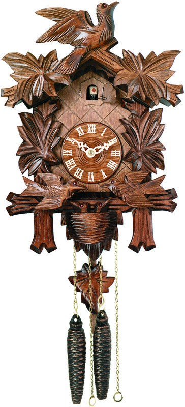 One Day Cuckoo Clock With Carved Maple Leaves & Moving Birds - 13 Inches Tall