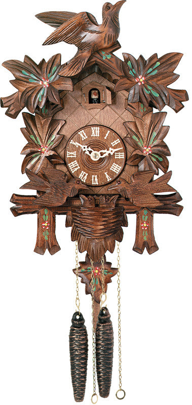 One Day Cuckoo Clock With Carved Maple Leaves & Moving Birds - Hand-painted Flowers - 13 Inches Tall