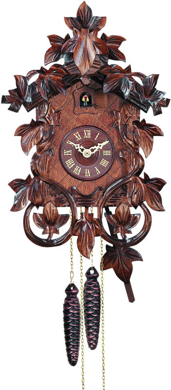 One Day Hand-carved Cuckoo Clock With Intricate Leaves & Vines - 14 Inches Tall