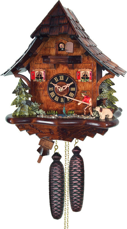 River City Clocks 804-14 Eight Day Cuckoo Clock Cottage - Fisherman Raises Fishing Pole