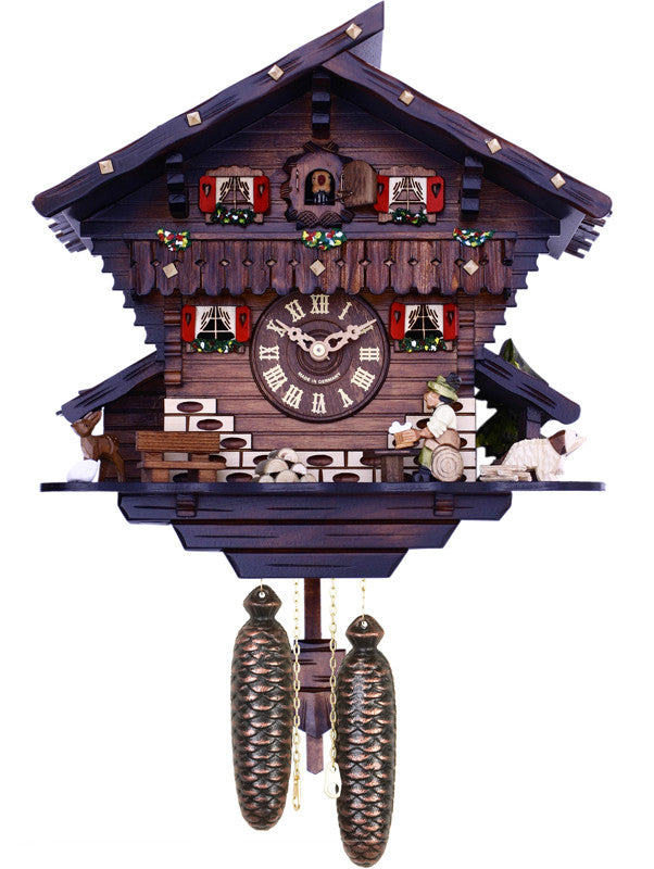 Eight Day Chalet Cuckoo Clock With Carved Deer, Dog, And Beer Drinker Drinking Beer - 12 Inches Tall