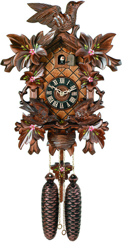 Eight Day Cuckoo Clock With Hand-painted Flowers, Leaves, And Animated Birds Feeding Baby Birds - 16 Inches Tall