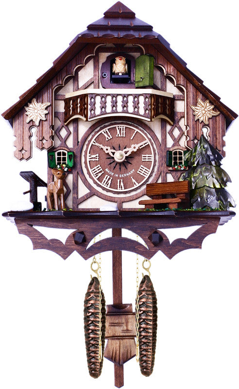 Musical Cuckoo Clock Cottage With Deer, Water Pump, And Tree- 10 Inches Tall