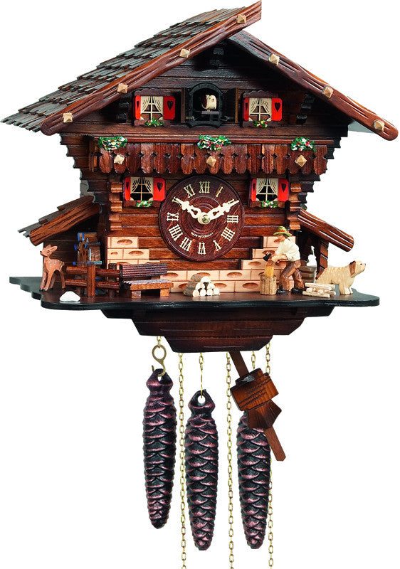 River City Clocks M448-12 One Day Musical Cuckoo Clock Cottage With Man Chopping Wood And Waterwheel