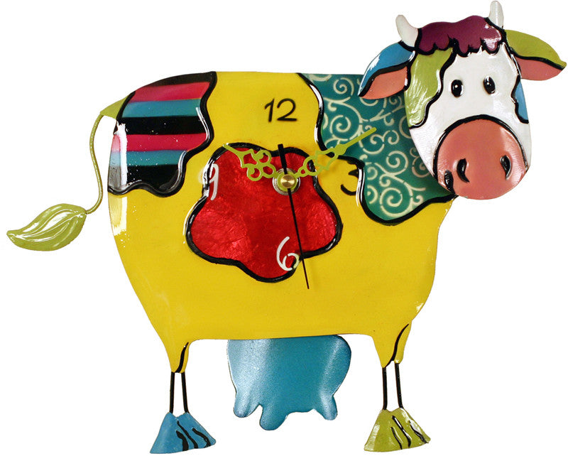 River City Clocks Mcow-09 Metal Yellow Cow Clock With Swinging Udders Pendulum