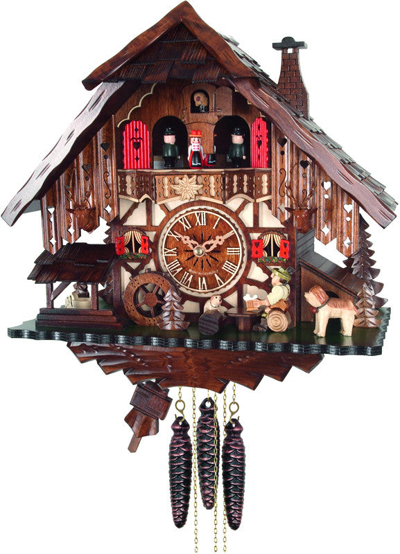 River City Clocks Md414-14 One Day Musical Cuckoo Clock Cottage With Beer Drinker, Waterwheel, And Dancers