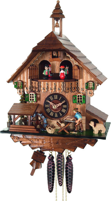 River City Clocks Md434-14 One Day Musical Cuckoo Clock Cottage With Man Sawing Wood, Waterwheel And Dancers