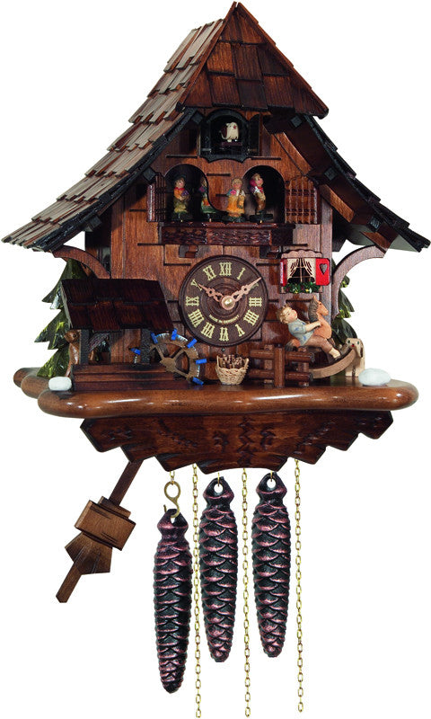 River City Clocks Md464-14 One Day Musical Cuckoo Clock Cottage With Boy On Rocking Horse, Moving Waterwheel, And Dancers