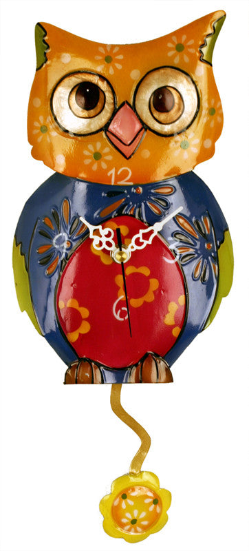 River City Clocks Mowl-15 Metal Multicolor Owl Clock With Flower Pendulum