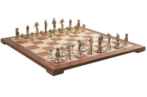 Brass And Silver Pewter Golf Chess Set Pieces With Walnut Chessboard
