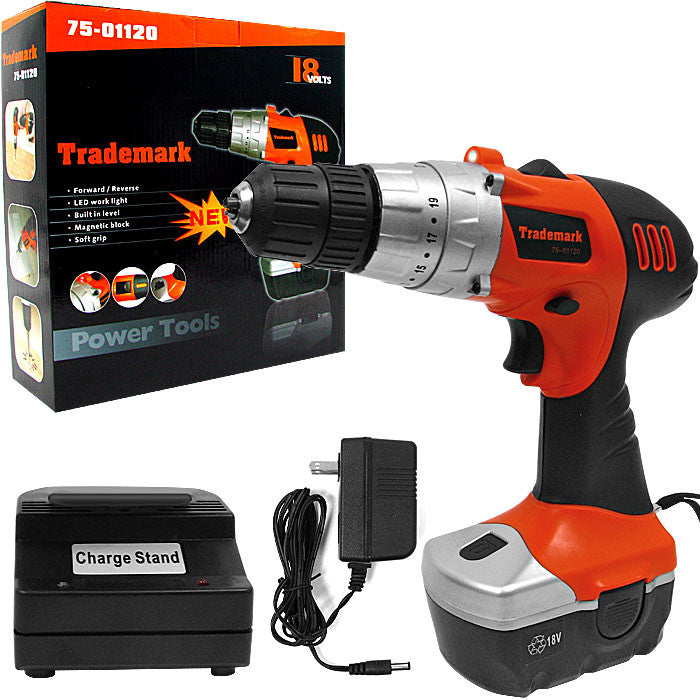 Trademark Commerce 75-01120 Trademark Tools 18v Cordless Drill W/ Led Light And Extras