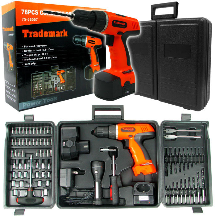 Trademark Commerce 75-66007 Trademark Tools 78 Pc 18 Volt Cordless Drill Set Many Extra