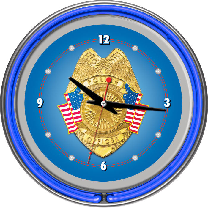 Po1400 Police Officer Chrome Double Ring Neon Clock