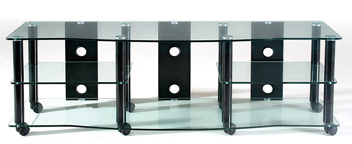 Transdeco Td108cb 65" Clear Glass Tv Stand With High Gloss Black Finish Metal Poles