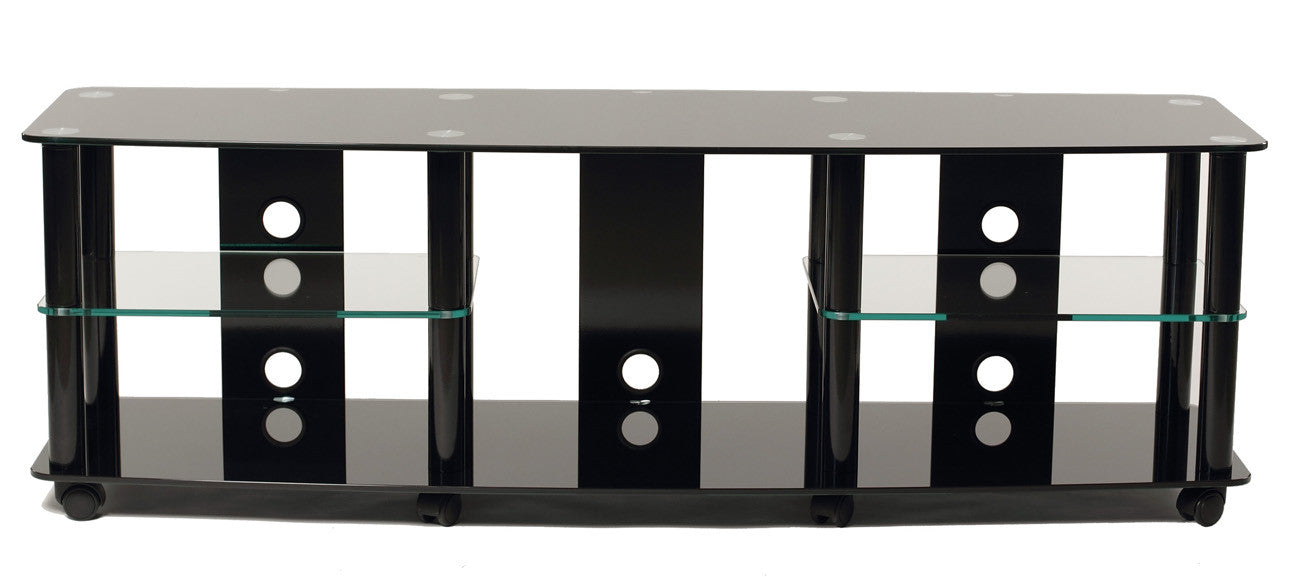 Transdeco Td208b 65" Gloss Black Tempered Glass Tv Stand With High Gloss Black Finish Metal Poles