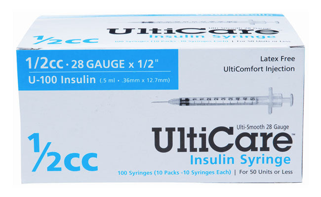 Ulticare U-100 Insulin Syringe, 1/2cc 28g X 1/2", 100/box