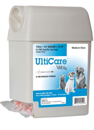 Ulticare Vetrx U-100 Insulin Syringe 1/2cc, 31g X 5/16", Ultiguard Dispenser, Sharps Container, 50 Syringes