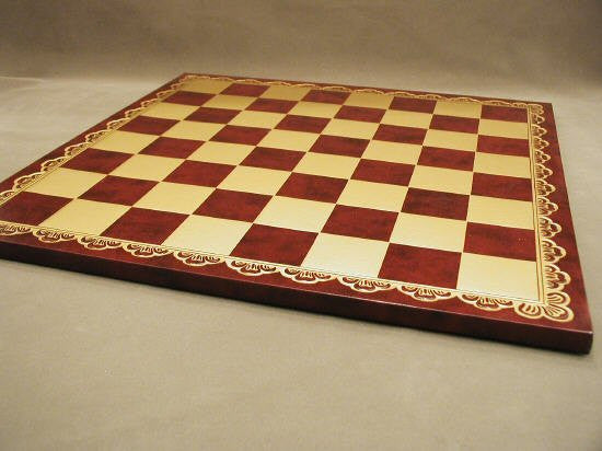 18" Pressed Leather Chess Board, Burgundy And Gold, 2" Squares