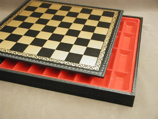 17 1/2" Pressed Leather Chess Board And Chest, Black And Gold, 1 3/4 Square