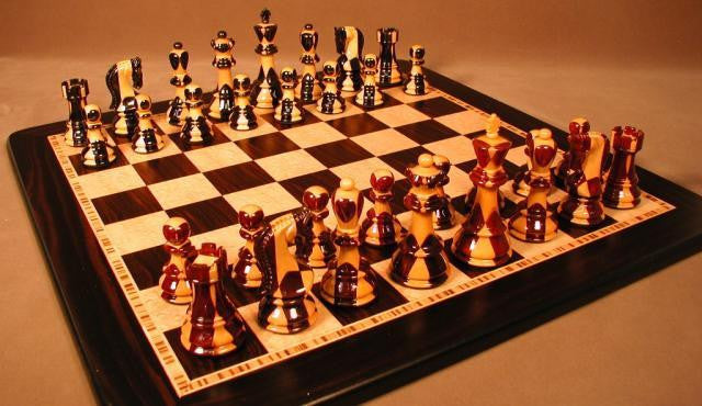 Inlaid Sheesham/ebony Chess Pieces, Double Weighted, 3 3/4" King On 17 3/4" Ebony/birdseye Maple Chess Board