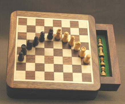 Sheesham Wood Square Magnetic Chess Set W/ Drawer, 5" X 5" Chess Board With 3/4" King