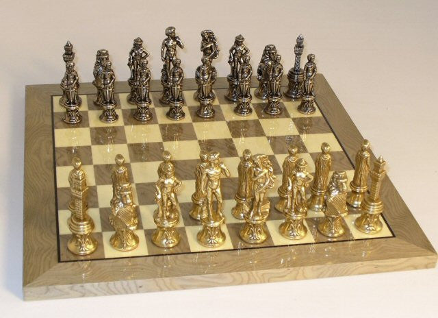 Florence Metal Chess Pieces 3 1/4" King And Grey Briar Glossy 13 1/4" Chess Board