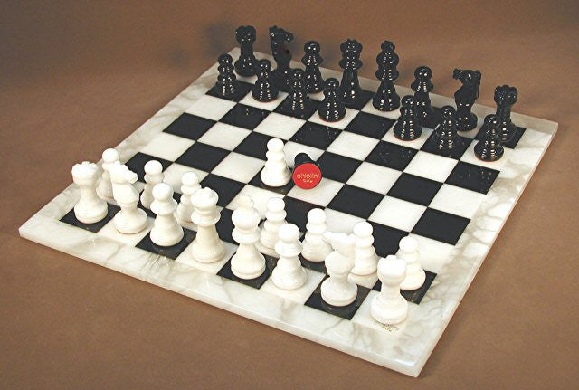 14.5" Alabaster Chess Set, Black & White Squares, White Frame, 3" King