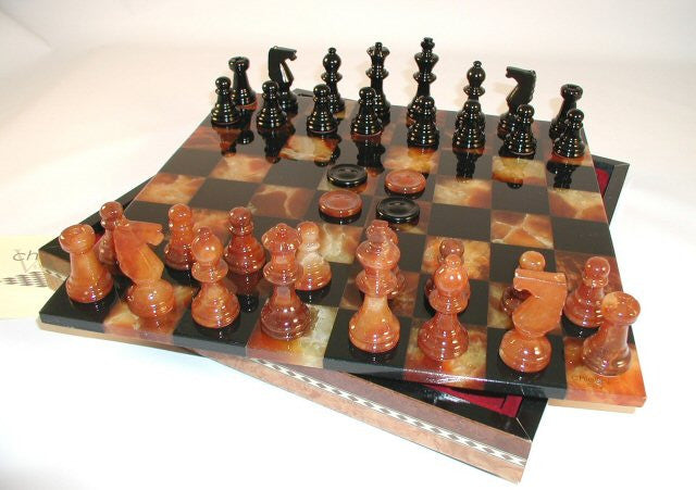 13 1/2" Alabaster Checkers & Chess Set In Inlaid Wood Chest; Black & Brown, 3" King