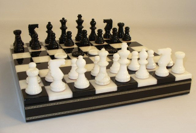 13 1/2" Alabaster Checkers & Chess Set In Inlaid Wood Chest; Black & White, 3" King