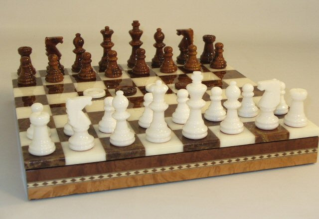13 1/2" Alabaster Checkers & Chess Set In Inlaid Wood Chest; Brown & White, 3" King