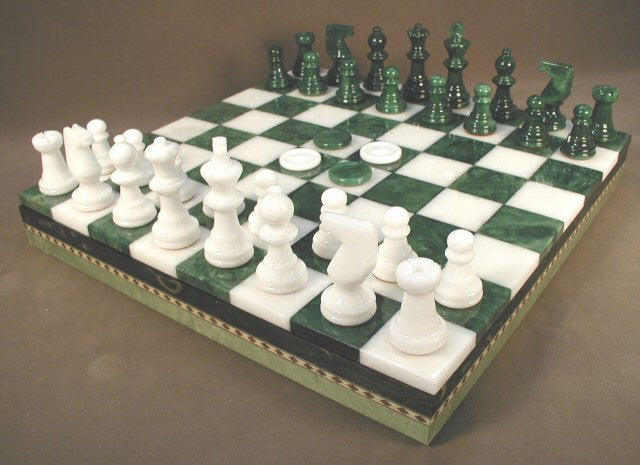 13 1/2" Alabaster Checkers & Chess Set In Inlaid Wood Chest; Green & White, 3" King