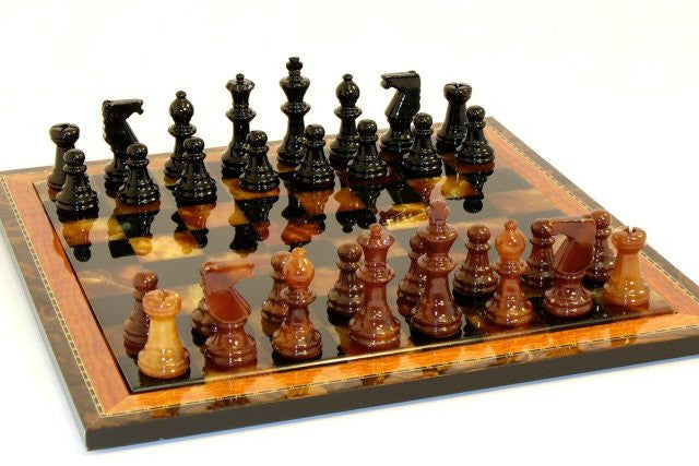 15" Alabaster Chess Set, Inlaid Wood Frame, Black & Brown, 3" King