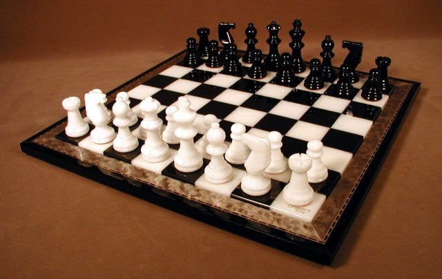 15" Alabaster Chess Set, Inlaid Wood Frame, Black & White, 3" King