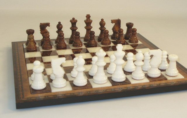 15" Alabaster Chess Set, Inlaid Wood Frame, Brown & White 3" King