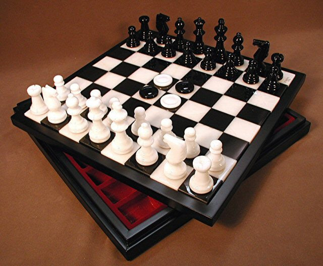 14" Alabaster Checkers & Chess Set With Storage, Wood Framed Board, Black & White, 3" King