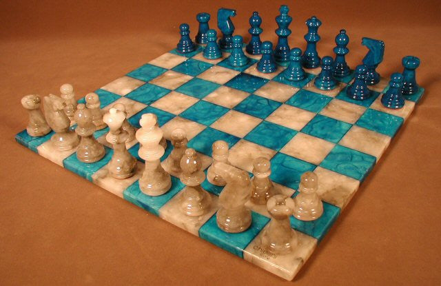 14" Alabaster Chess Set, Blue/grey Chess Board, 3" King