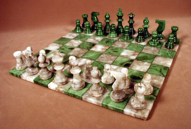 14" Alabaster Chess Set, Green/grey Chess Board, 3" King