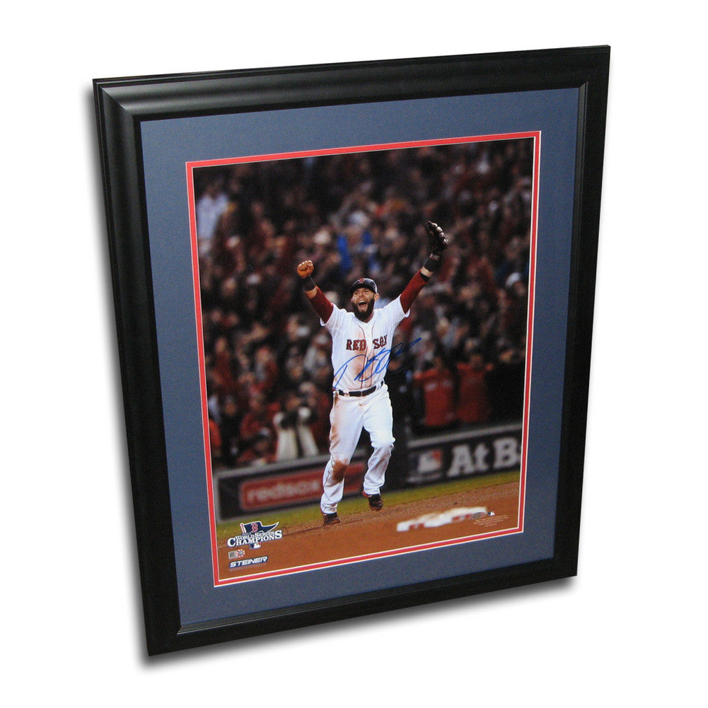 Dustin Pedroia Autographed 2013 World Series 16x20 Framed Last Out Celebration Photo.