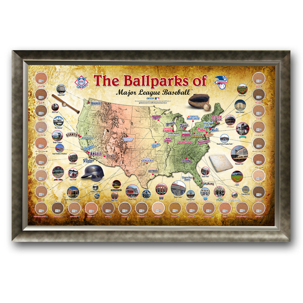 Major League Baseball Parks Map 20x32 Framed Collage With Game Used Dirt From 30 Parks