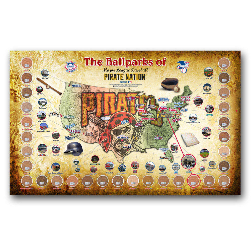 Major League Baseball Parks "map" 20x32 Framed Collage W/ Game Used Dirt From 30 Parks - Pirates Version